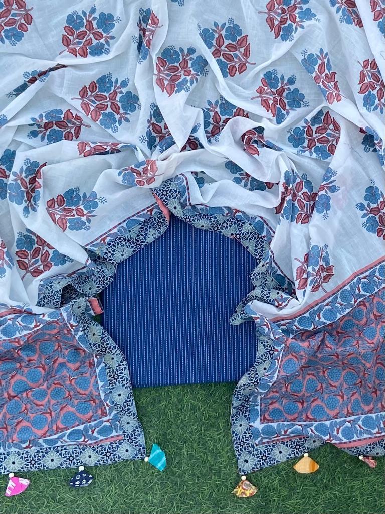 Sanganeri pure cotton dupatta patch work with ajrakh border with kantha weaved top - Leheriya