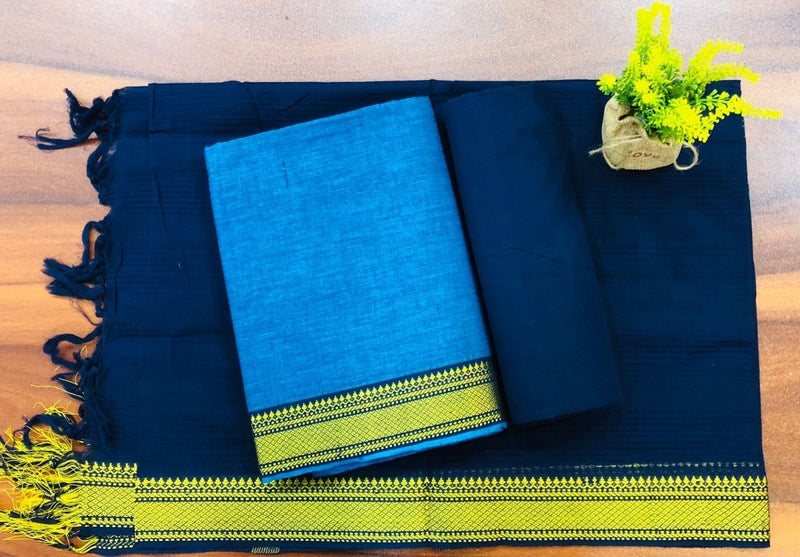 South Cotton Mangalgiri 3pc Salwar Suit | Blue & Navy | - Leheriya