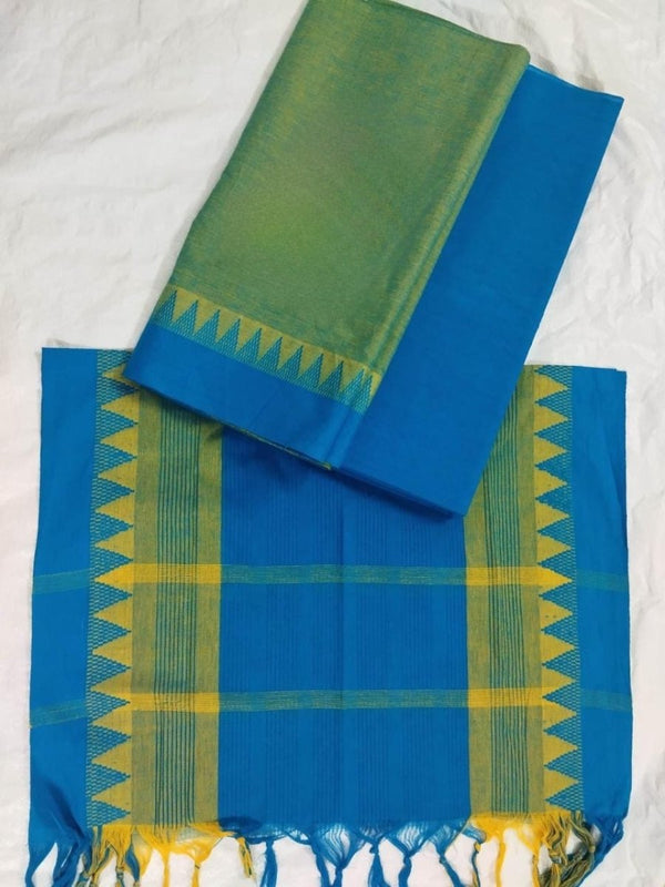 South Cotton Mangalgiri 3pc Salwar Suit | Bluish - Green & Blue | - Leheriya