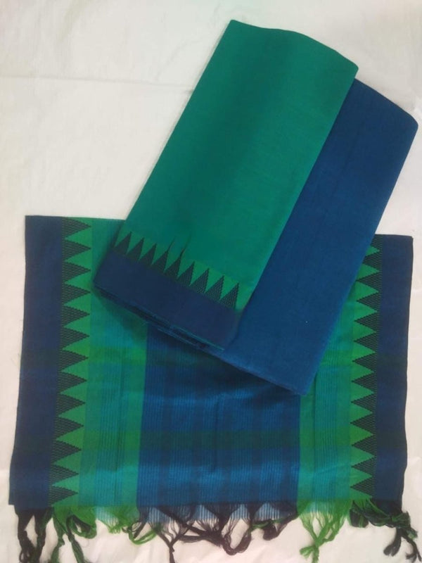 South Cotton Mangalgiri 3pc Salwar Suit | Color Bluish Green & Navy Blue | - Leheriya