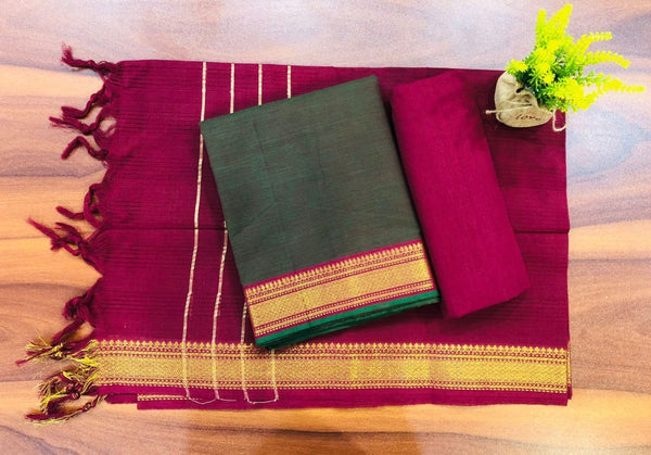 South Cotton Mangalgiri 3pc Salwar Suit | Color Rifle Green & Cherry | - Leheriya