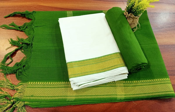 South Cotton Mangalgiri 3pc Salwar Suit | Color White & green | - Leheriya