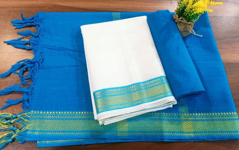 South Cotton Mangalgiri 3pc Salwar Suit | Color White & sky blue | - Leheriya