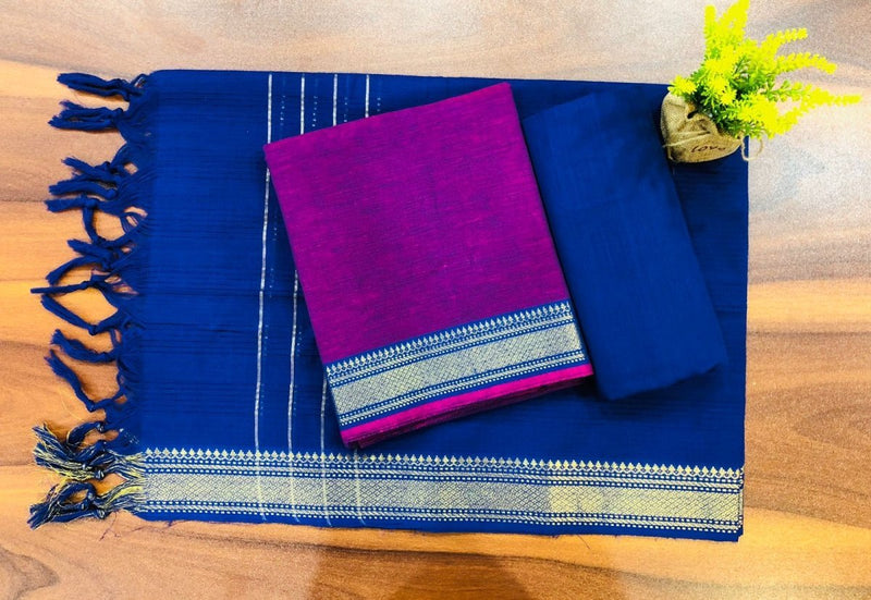 South Cotton Mangalgiri 3pc Salwar Suit | Magenta & Blue | - Leheriya