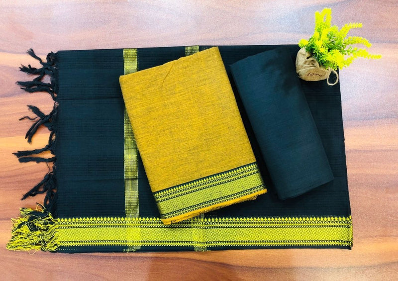 South Cotton Mangalgiri 3pc Salwar Suit | Yellow & Gable Green | - Leheriya