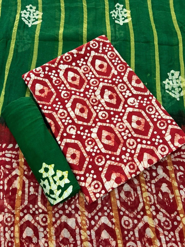 Wax Batik Work Pure Cotton Salwar Suit with Resham Border Dupatta - Leheriya