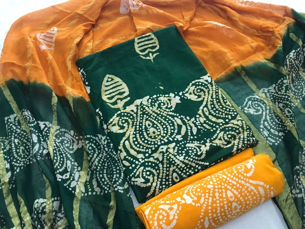 Wax Batik Work Pure Cotton Salwar Suit with Resham Border Dupatta - Leheriya