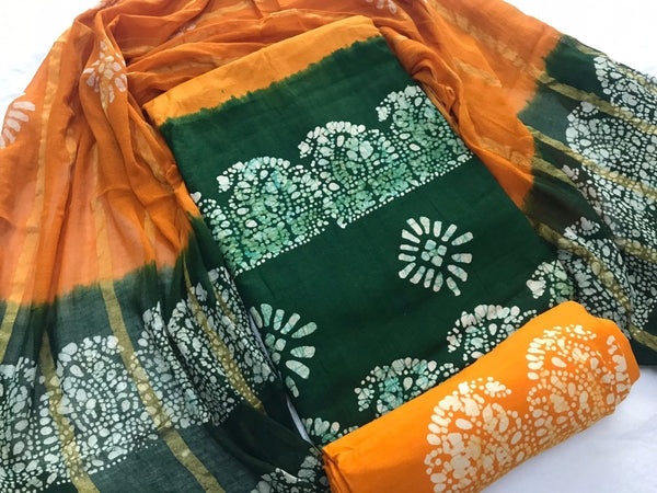 Wax Batik Work Pure Cotton Salwar Suit with Resham Border Dupatta - Leheriya