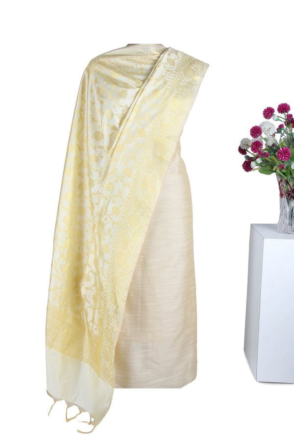 White and Golden Banarasi Semi Katan Silk Dupatta - Leheriya