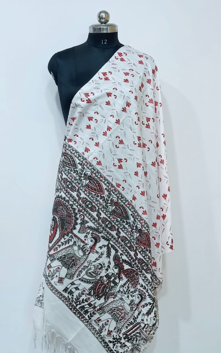 White Bhagalpuri Cotton Slub Madhubani Dupatta - Screen Printed - Leheriya