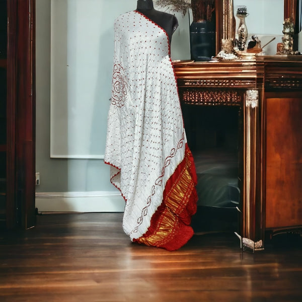 White Designer Bandhani Dupatta - Leheriya