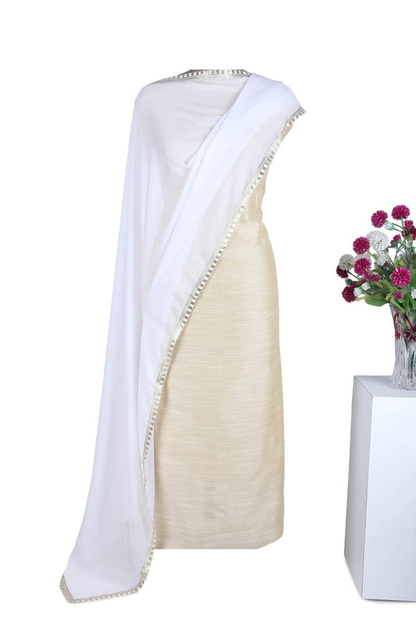 White dyeable Plain Chinnon Dupatta with Lace Border - Leheriya