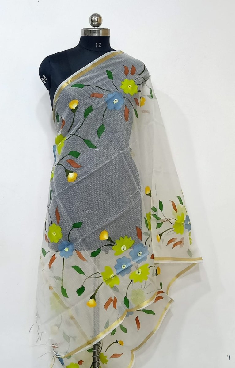 White Kota Doria Pure Cotton Handpainted Dupatta - Leheriya