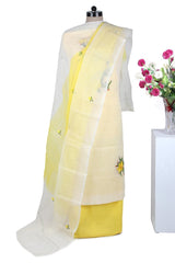 White Kota Doria Suit with Yellow Embroidery - Leheriya