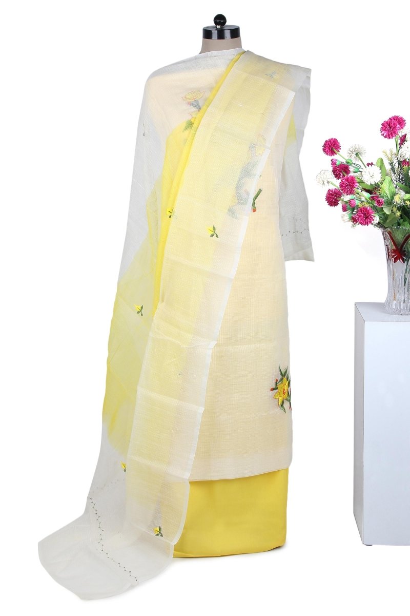 White Kota Doria Suit with Yellow Embroidery - Leheriya