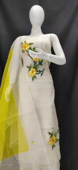 White Kota Doria Suit with Yellow Embroidery - Leheriya