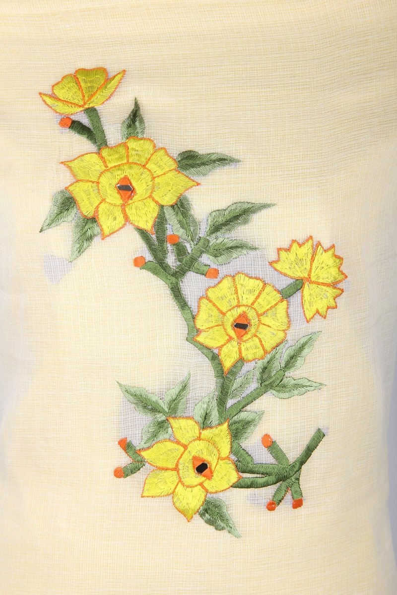 White Kota Doria Suit with Yellow Embroidery - Leheriya