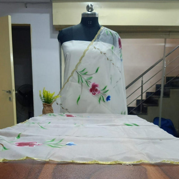 White Organza Handpainted Dupatta - Leheriya