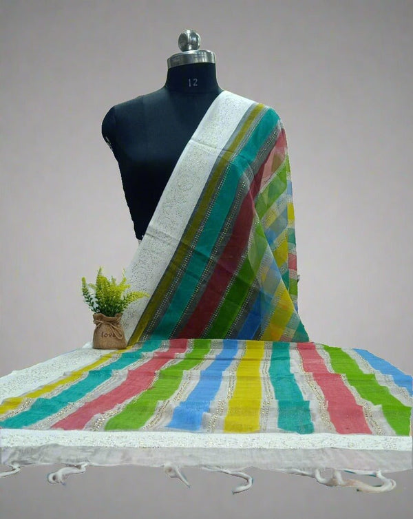 White Organza Multi Color Hand Painted Dupatta - Leheriya