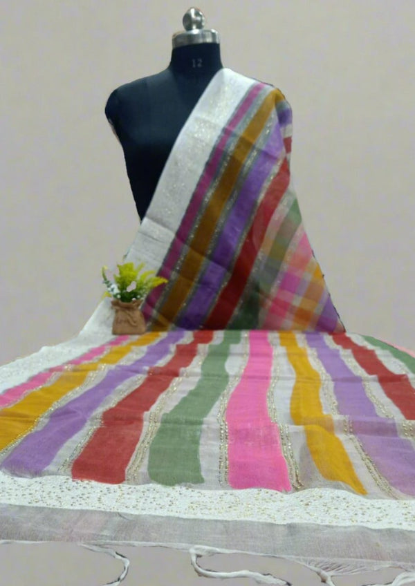 White Organza Multi Color Hand Painted Dupatta - Leheriya