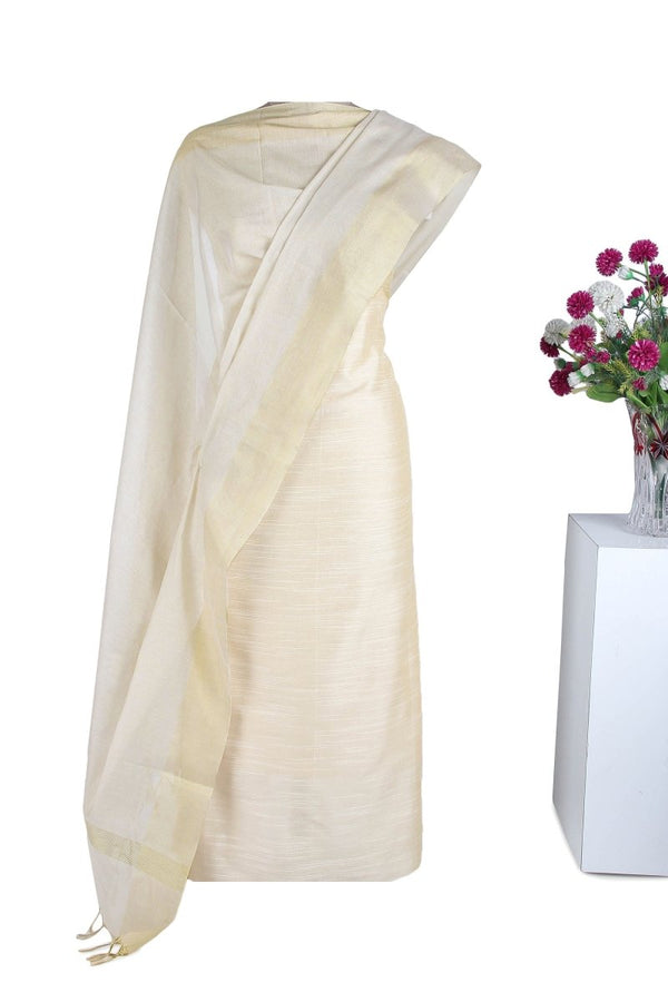 White Silk Plain Shimmering Dupatta with Golden Zari Border - Leheriya