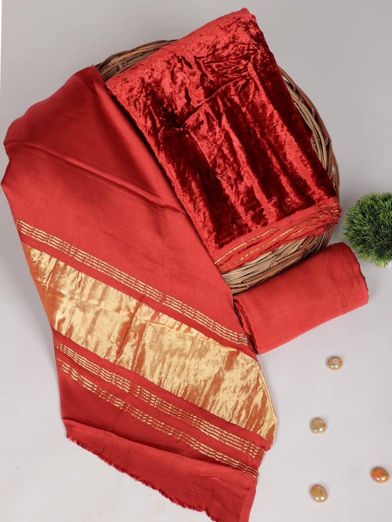 Winter Special 3 pc Salwar Suit Set - Red Super Soft Velvet Top with Pure Modal Silk Dupatta - Leheriya