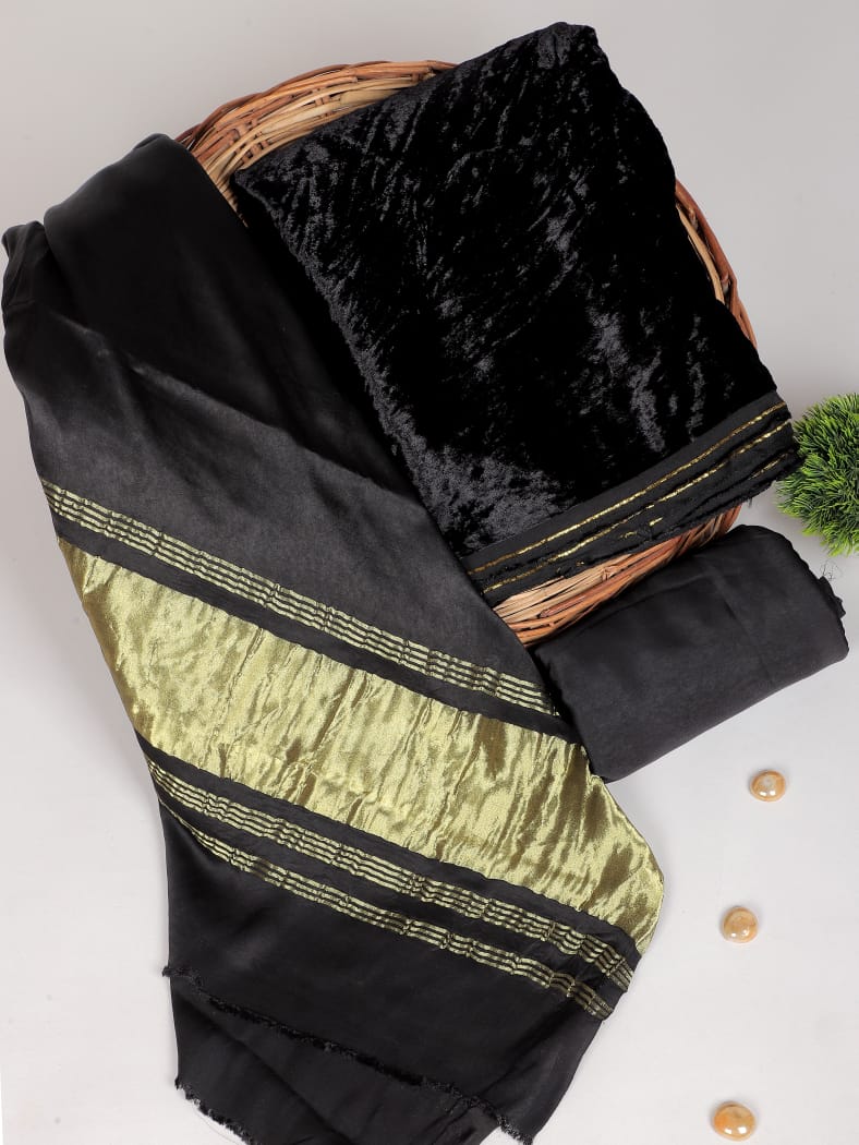 Winter Special 3 pc Salwar Suit Set - Super Soft Velvet Top with Pure Modal Silk Dupatta - Leheriya