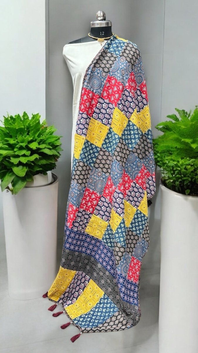 Women Handmade/Hand Quilted Natural Ajrakh Patch Work Cotton Shawl / Dupatta (Multicolor) - Leheriya