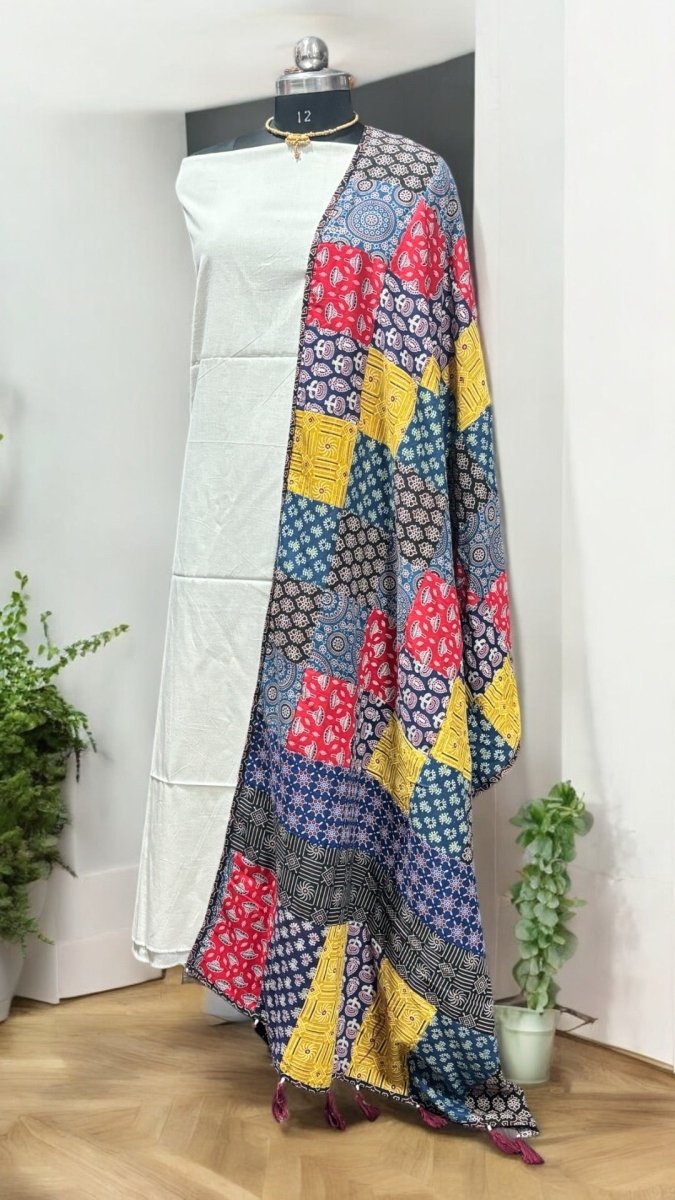 Women Handmade/Hand Quilted Natural Ajrakh Patch Work Cotton Shawl / Dupatta (Multicolor) - Leheriya