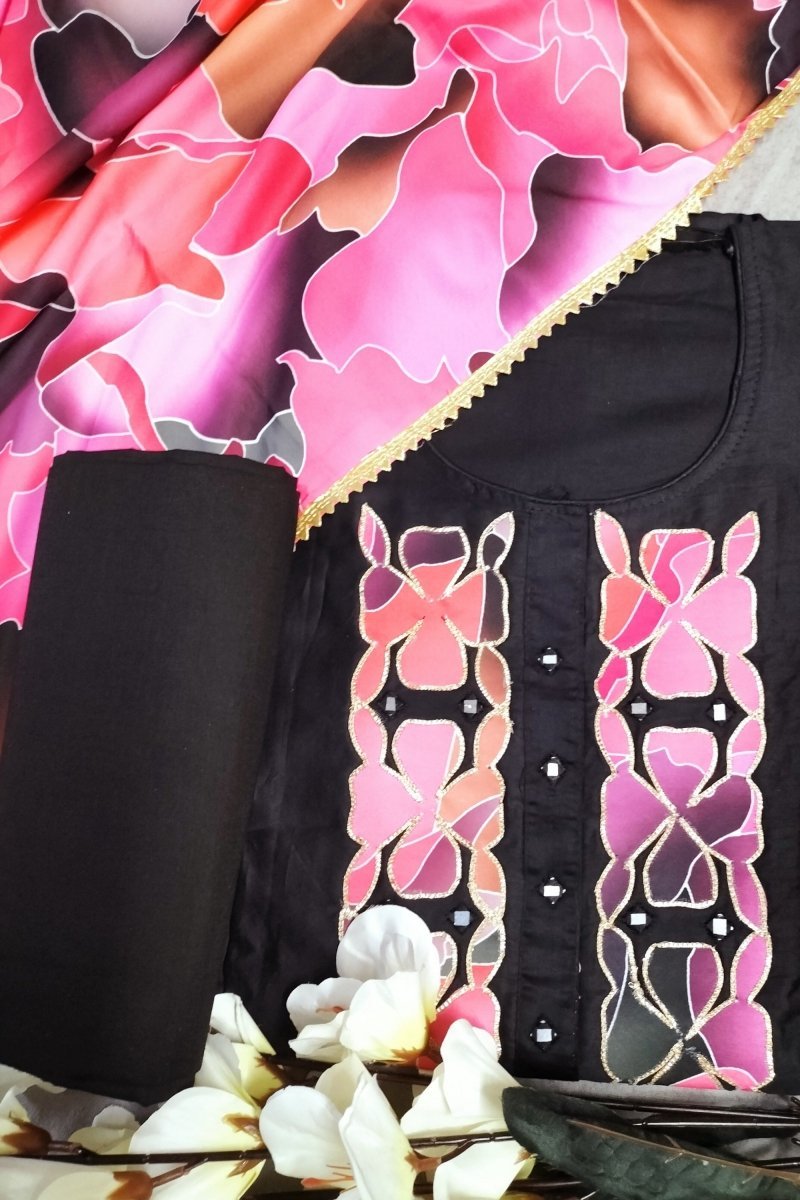 Women's Designer Black Cotton Unstitched Salwar Suit - Leheriya