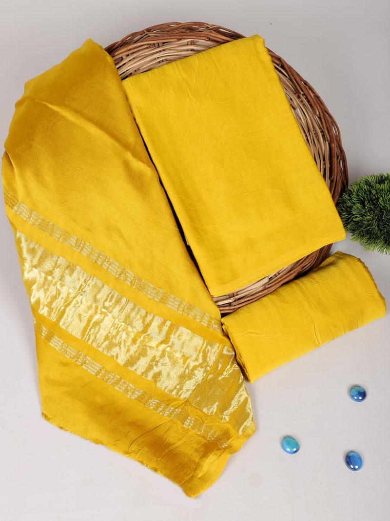 Yellow 3pc Plain Modal Silk Salwar Suit Material Set with Lagdi Patta Dupatta - Leheriya