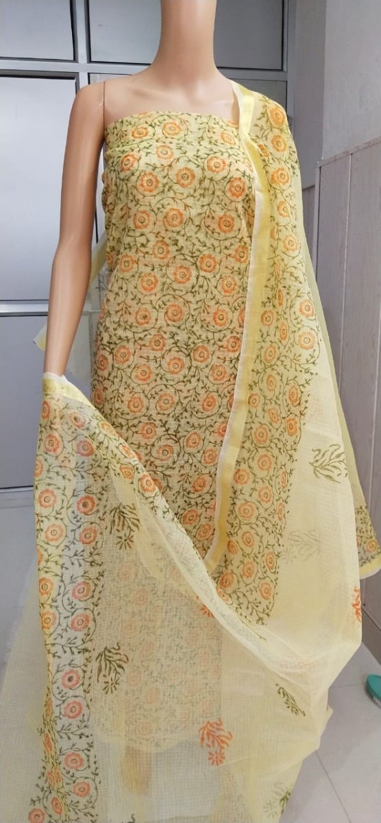 Yellow Floral Pattern Hand Block Printed Kota Doria Salwar Suit - Leheriya