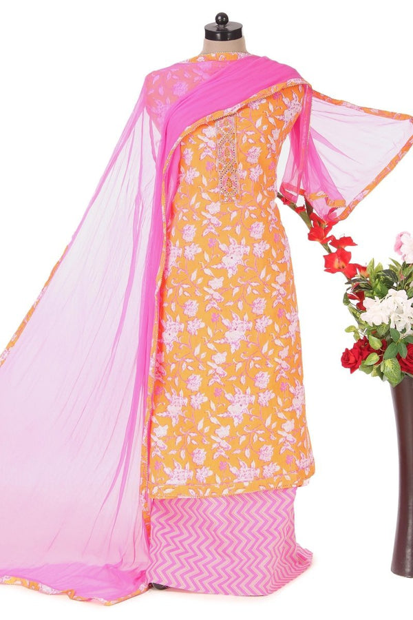 Yellow Floral Print Suit with Pink plain Chhifon Dupatta with Border and Pink Leheriya Bottom - Leheriya