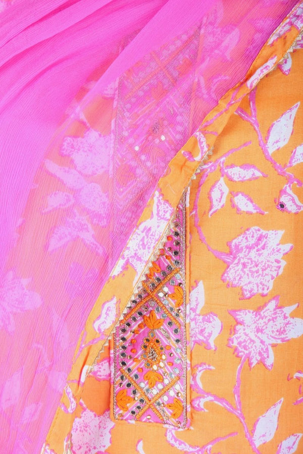 Yellow Floral Print Suit with Pink plain Chhifon Dupatta with Border and Pink Leheriya Bottom - Leheriya