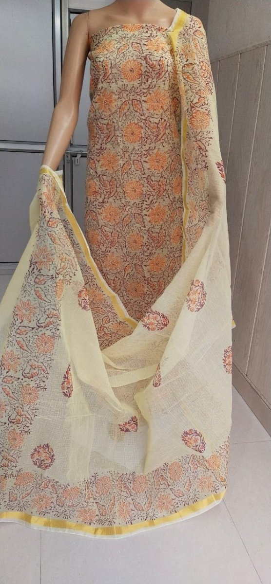 Yellow Hand Block Printed Kota Doria Salwar Suit - Leheriya