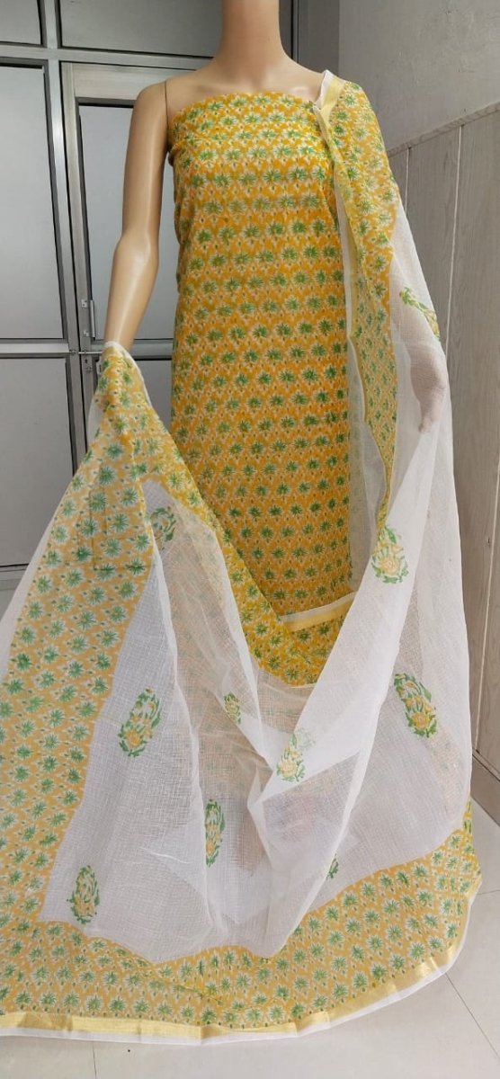 Yellow Hand Block Printed Kota Doria Salwar Suit - Leheriya