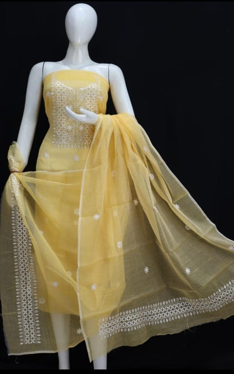 Yellow Kota Doria Salwar Suit with Embroidery - Leheriya