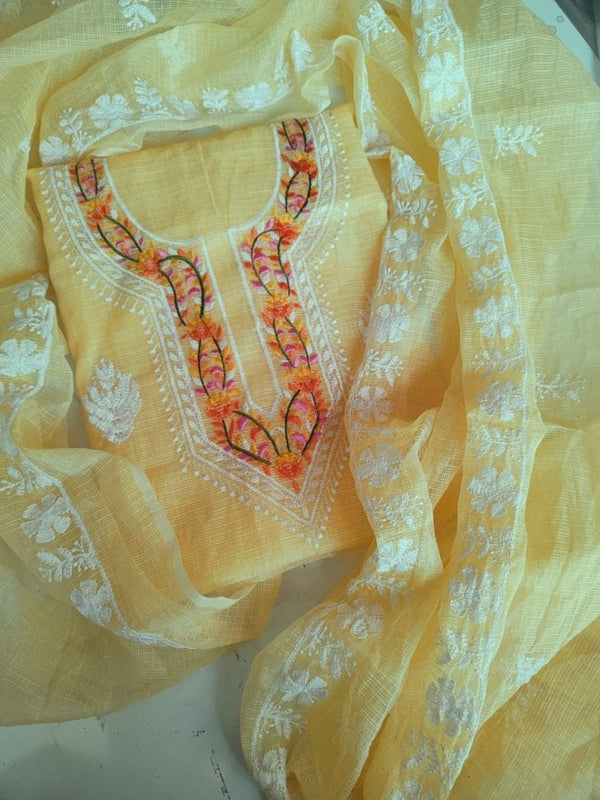 Yellow Kota Doria with Multicolor Embroidery - Leheriya