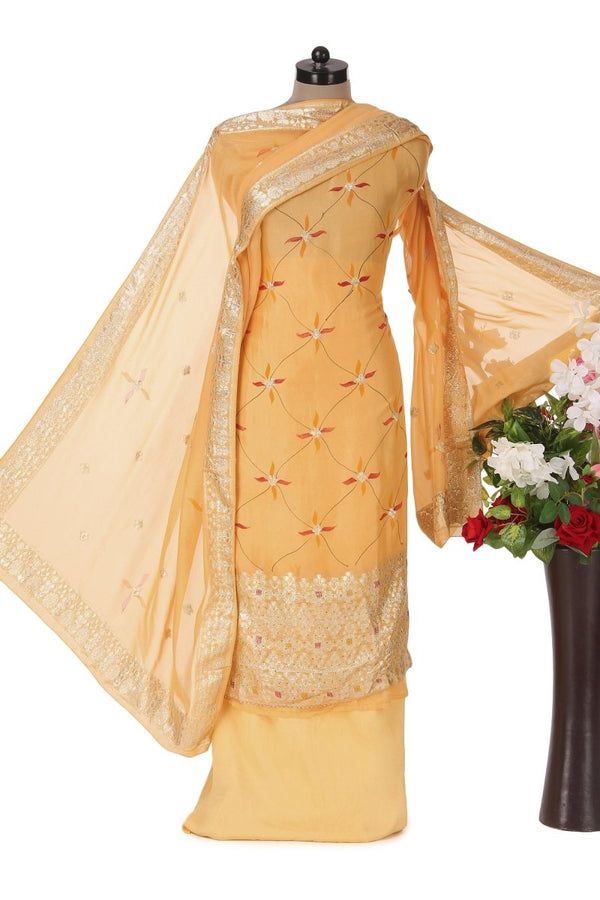 Yellow Organza Salwar Suit Hand Brush Painted and Gota Patti Work - Leheriya