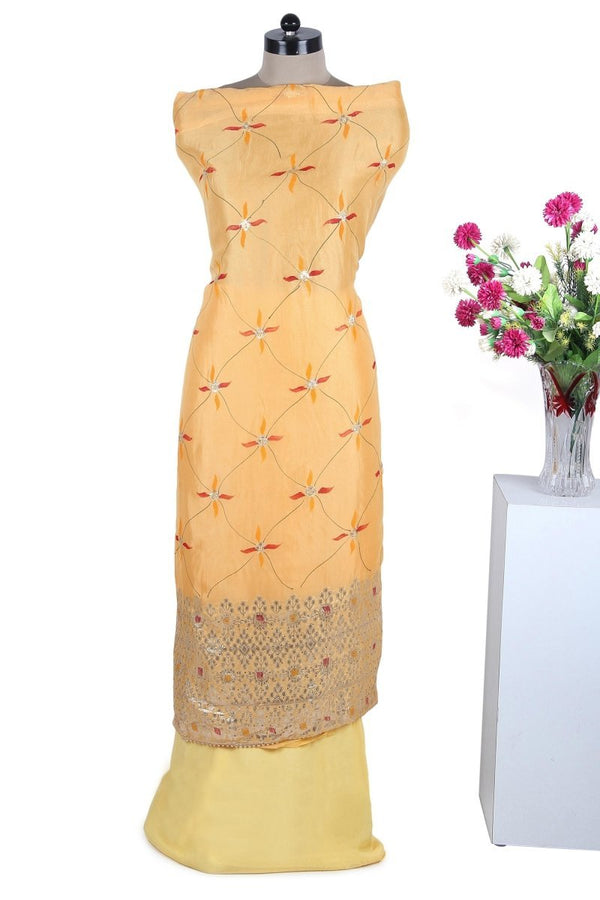 Yellow Organza Salwar Suit Hand Brush Painted and Gota Patti Work - Leheriya